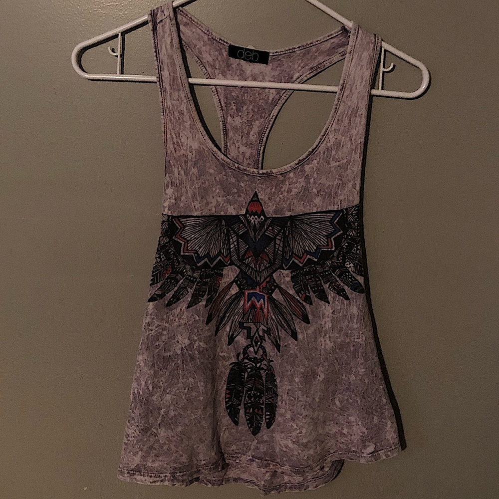 Deb Medium Purple Crinkle Tank Top with tribal bird and feathers